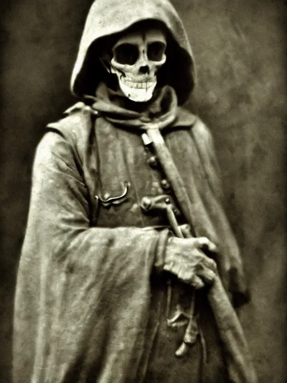 Prompt: portrait of grim reaper, ww1 photo, grainy, high detail, high resolution,