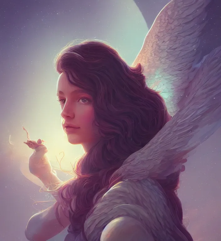 Prompt: centered waist up portrait photography an angel + bokeh + DOF + 8k, photorealistic + rendered in octane + illustration by Peter Mohrbacher, line work by Dan Mumford
