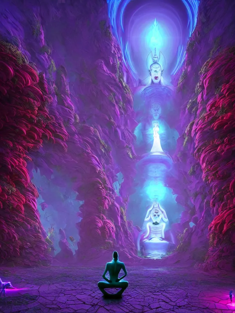Prompt: entrance to ethereal realm, shiva waiting, rendered in unreal engine, central composition, symmetrical composition, dreamy colorful cyberpunk colors, 6 point perspective, fantasy landscape with anthropomorphic!!! terrain!!! in the styles of igor morski, jim warren, and rob gonsalves, intricate, hyperrealistic, volumetric lighting, neon ambiance, distinct horizon