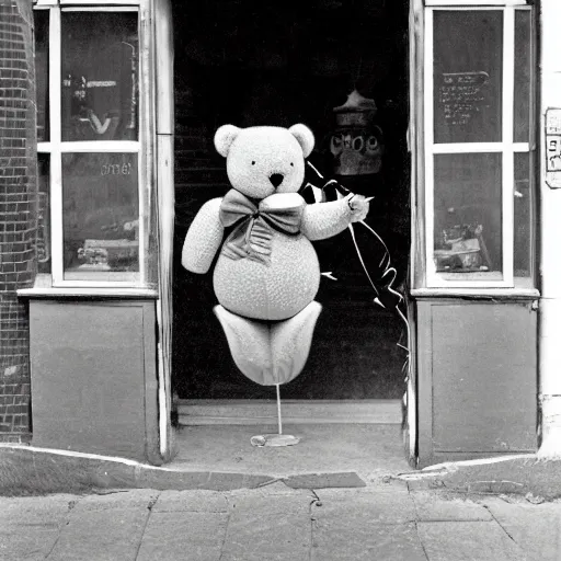 Prompt: A teddy bear doll with 8 balloons stands in the doorway of a ice-cream store,Beatrix potter