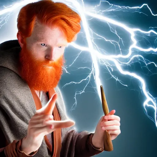 Prompt: male redhead wizard with along brown mantle, electric sparks running between fingers