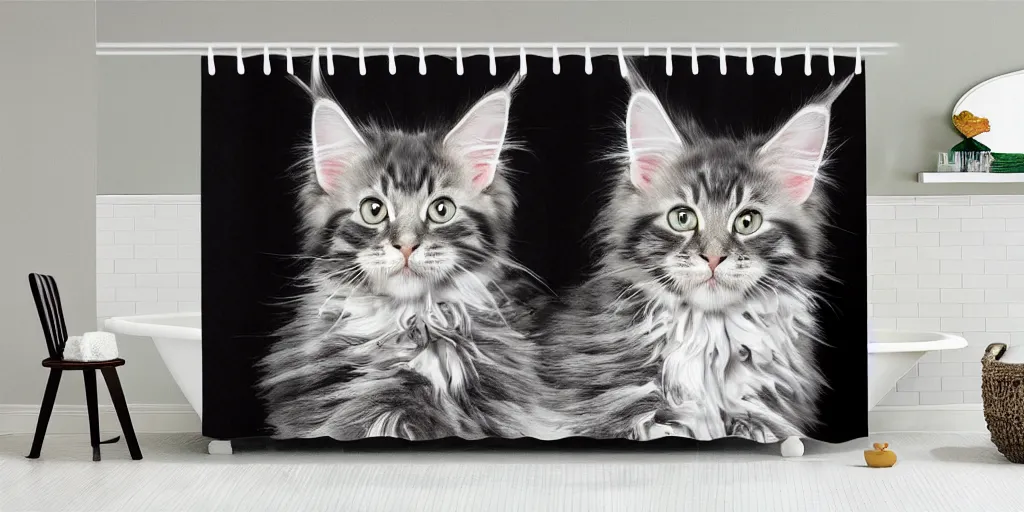 Image similar to a animated maine coon kitten artwork themed shower curtain, shower curtain. digital art. product photography. product lighting. 4 k, highly detailed. saturated.