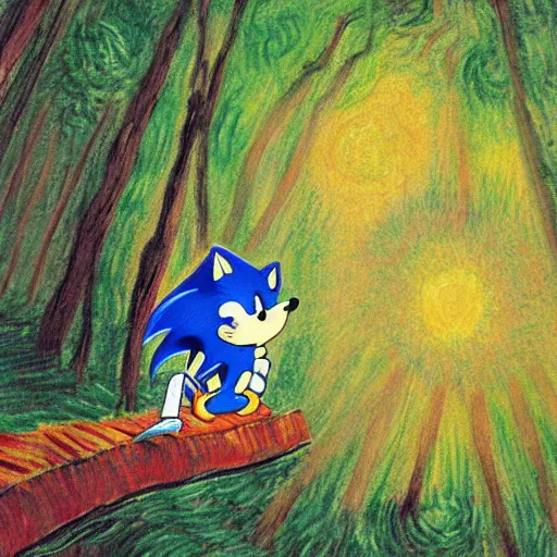 Image similar to sad painting of detailed sonic the hedgehog in the woods at night, in the style of studio ghibli and moebius and claude monet and edward hopper and vincent van gogh