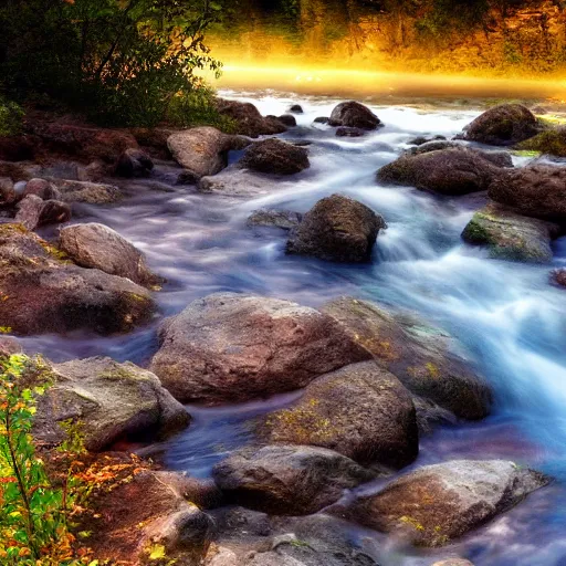 Prompt: a beautiful landscape, river, rocks, trees, volumetric lighting