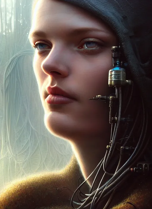Image similar to closeup portrait shot of beautiful girl in a scenic dystopian environment, intricate, elegant, highly detailed, tubes and cables, centered, digital painting, artstation, concept art, smooth, sharp focus, illustration, artgerm, tomasz alen kopera, peter mohrbacher, donato giancola, joseph christian leyendecker, wlop, boris vallejo