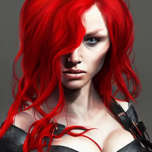 Prompt: head and shoulders, a red haired, red eyed woman, red elf on on her shoulder, dark leather armor by ingrit lima and june jenssen, artstation, behance