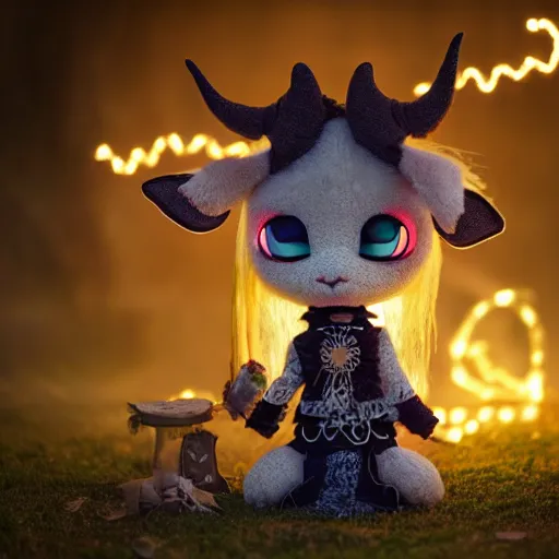 Image similar to cute fumo plush of a goat girl with horns, anime girl, tribal outfit with intricate celtic knot patterns, gothic maiden shaman, pagan goddess, glowing, bokeh, artstation, vray