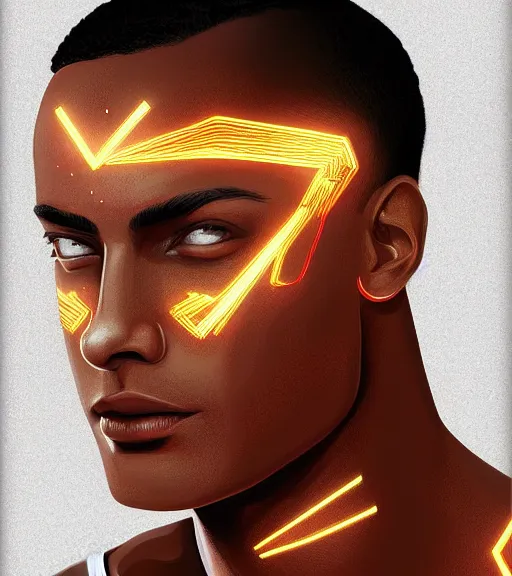 Image similar to symmetry!! egyptian prince of technology, solid cube of light, hard edges, product render retro - futuristic poster scifi, lasers and neon circuits, brown skin man egyptian prince, intricate, elegant, highly detailed, digital painting, artstation, concept art, smooth, sharp focus, illustration, dreamlike, art by artgerm