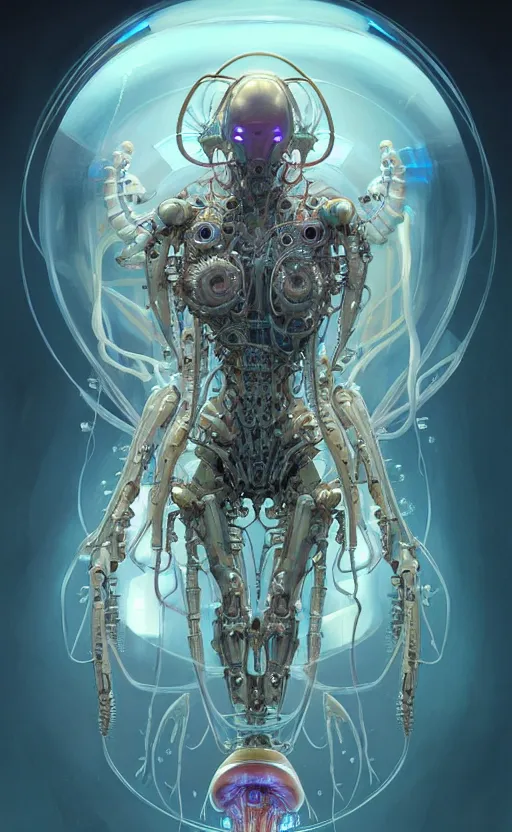 Prompt: Cyborg biomechanical jellyfish mantis, sci-fi, highly detailed, digital painting, artstation, concept art, smooth, sharp focus, illustration, art by artgerm and greg rutkowski and alphonse mucha