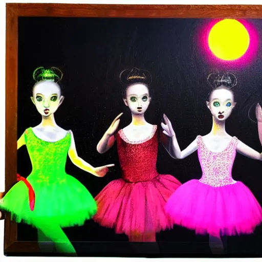 Prompt: three ballerinas in glowing tutus on a dark stage, lowbrow, in the style of mark ryden and lilia alvarado, 8 k,