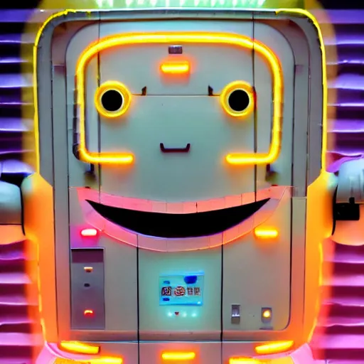 Image similar to friendly sentient robot vending machine smiling with a face of pastel led lights, made of cheap materials, selling cheap junk food in a city comprised of light matter, set in the distant future, plants, light prisms, rainbow diffraction, steampunk, cyberpunk, robots, warm lights, anime, vhs distortion, art style mimics starlight brigade by game grumps