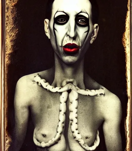 Image similar to portrait of marilyn manson by joel peter witkin and hieronymus bosch, high quality, high detail