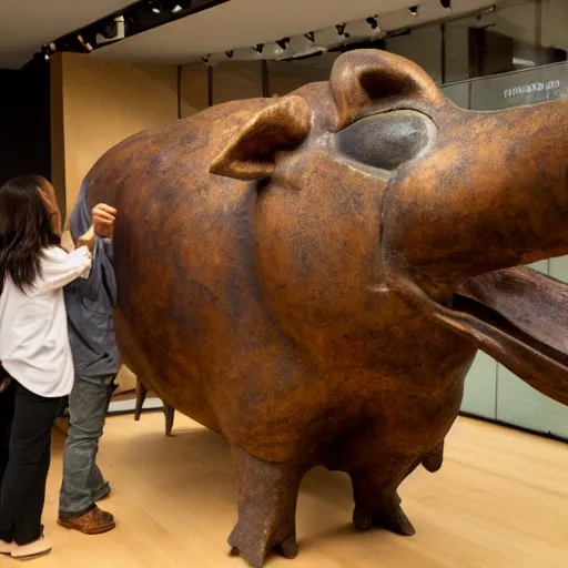Prompt: visitors in museum amazed by the sculpture of a winged pig, 9 0 - s