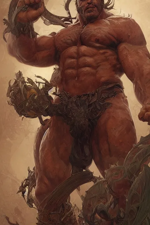 Image similar to portrait of joe manganiello as a hulking herculean demon, forest, godlike, full body, fantasy, intricate, elegant, highly detailed, digital painting, artstation, concept art, sharp focus, illustration, art by artgerm and greg rutkowski and alphonse mucha