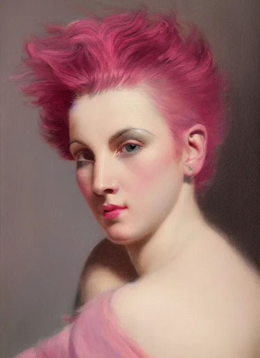 Image similar to a detailed portrait of woman with a mohawk by edouard bisson, year 1 9 4 0, pink hair, punk rock, oil painting, muted colours, soft lighting