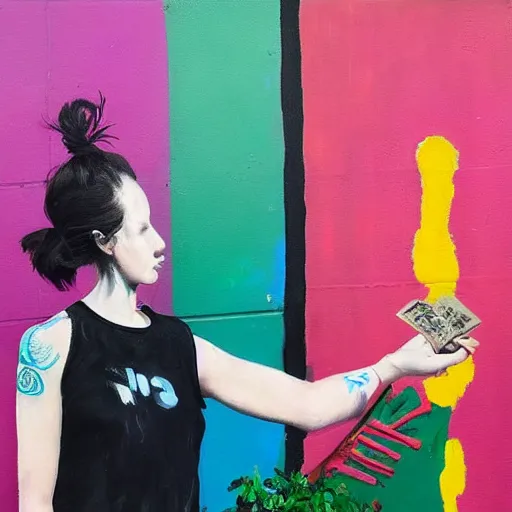 Image similar to “tall queer woman with long pink hair and a tall emo girl feeding Australian $50 notes to a weedy pig, capitalism, acrylic and spray paint and oilstick on canvas, neoexpressionism”