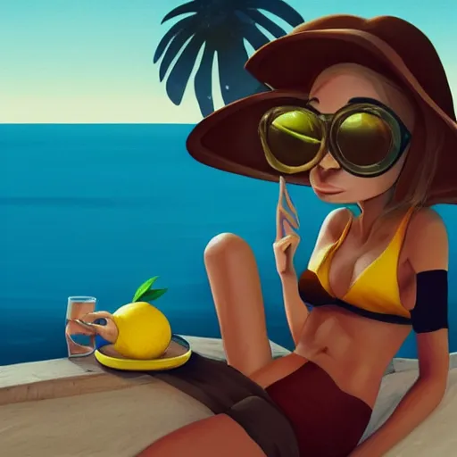 Prompt: a lemon character wearing sunglasses relaxing on the beach, artstation