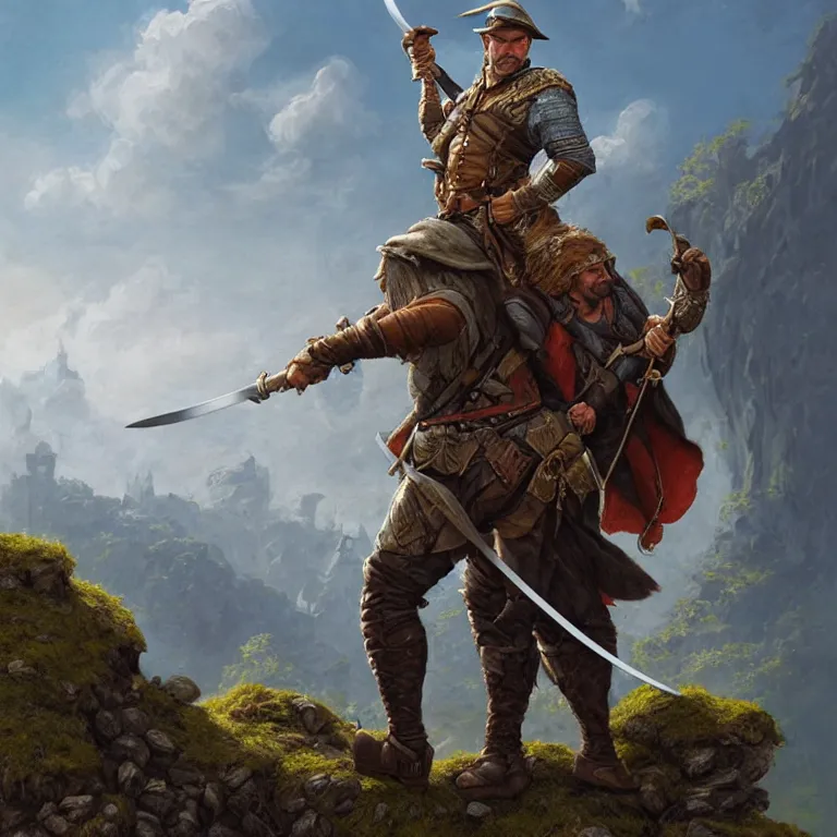 Image similar to middle age ranger with rugged expresions falcon pet on his sholder holding a long sword, top a cliff observing old ruins of a castle, elegant clothing, photorealistic render, matte patining, highly detailed, artstation, smooth, sharp focus, art by michael whelan, artgerm, greg rutkowski