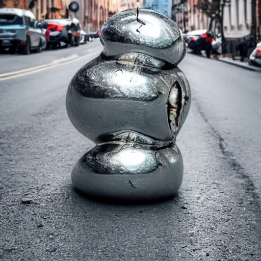 Image similar to photo of a dripping chrome blob melting on a city street macro