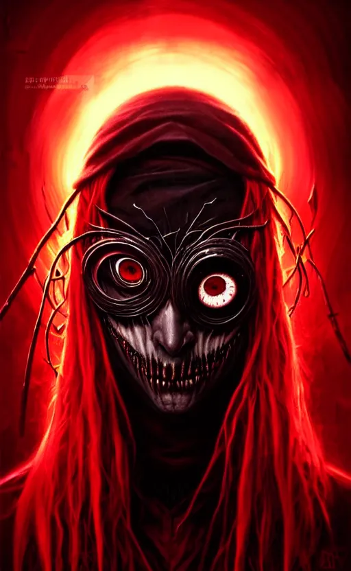 Image similar to a striking portrait of a pitch black masked eldritch shaman with sinister red eyes by moebius and ross tran and artgerm, detailed artwork, realism, 4 k resolution, detailed, high quality, sharp focus, hq artwork, insane detail, volumetric lighting, character concept art, fine details, tarot card, clear subject