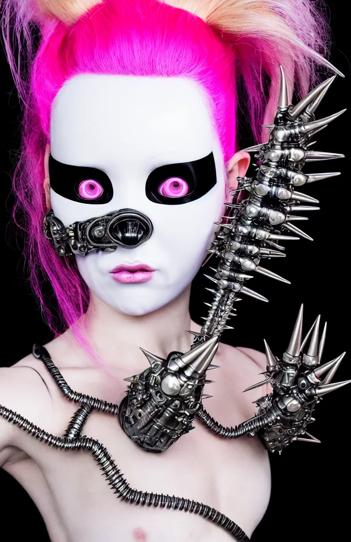 Image similar to symmetrical portrait of a biomechanical demoness wearing a steel spikes studded iridescent beauty mask and pink hair buns, wearing a black bodysuit by olivier rousting, cream white background, soft diffused light, biotechnology, humanoid robot, perfectly symmetric, bjork aesthetic, translucent, by rineke dijkstra, intricate details, highly detailed, masterpiece,