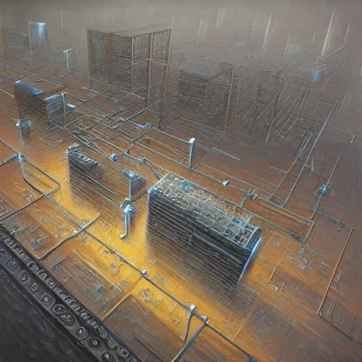 Image similar to A beautiful hyper realistic detailed painting of a chain of blocks, a cybernetic hybrid of 2 gigantic tall skyscaper sized quantum computers and a block espresso machine on a vast black granite tarmac, connected by gold and silver cables and chains, by Beksinski, beeple, unreal engine, computer hardware commercial photography