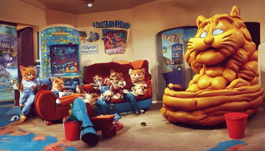 Image similar to 1990s photo of inside the Garfield's Wild Dream ride at Universal Studios in Orlando, Florida, children riding a box with a blanket, with Garfield the cartoon cat, through a living room filled lasagna, coffee cups, and lava lamps, cinematic, UHD