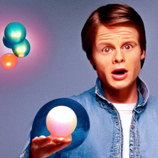 Prompt: Marty McFly juggling glass orbs