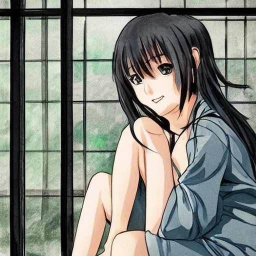 Prompt: girl sitting nearby a windowing, rainy outside, detailed, very anime, very fine face, strong lighting, by artists.