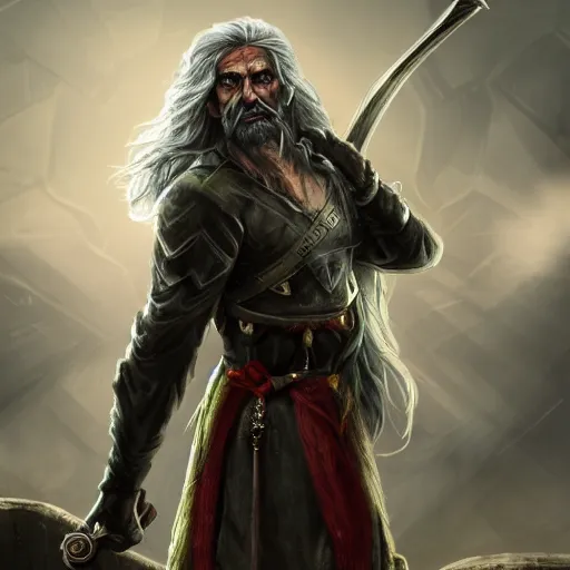 Image similar to a photo of a man with dark green skin and long silver hair, his eyes are powerfully glowing red, he is in commoners clothes standing on a cobblestone platform, he has a shortbow strapped to his back and he is holding a short sword in one hand, trending on artstation, digital artwork, cinematic lighting, 4K, very full detail, amazing artwork, trending on Behance award-winning art