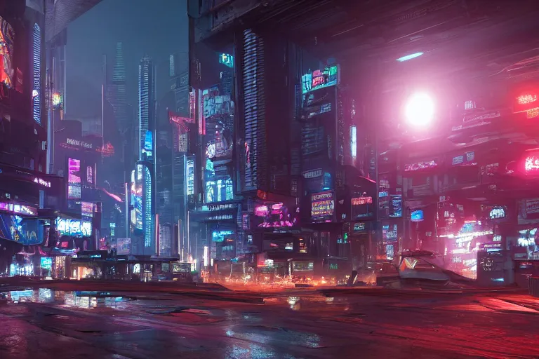 Prompt: wide-angle high-res rendering of the inside of cyberpunk street with large screens in 2077, intricate, elegant, sunrays, trending on Artstation, stunning volumetric lighting, Unreal Engine, 8K