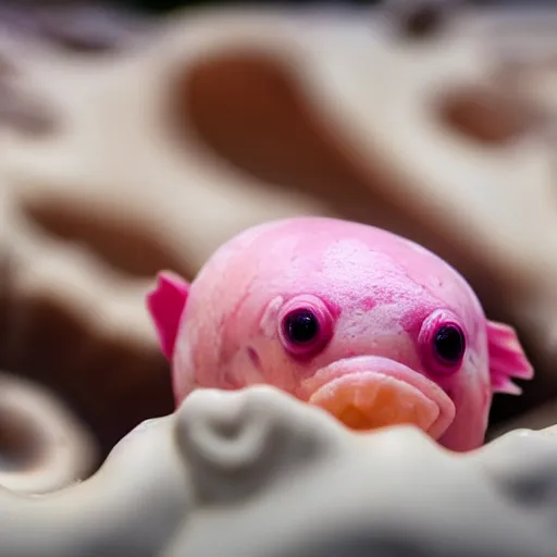 Image similar to A photo of an ice cream cone with a blobfish in it. Blobfish ice cream. Realistic, ultra high detail, 8k.