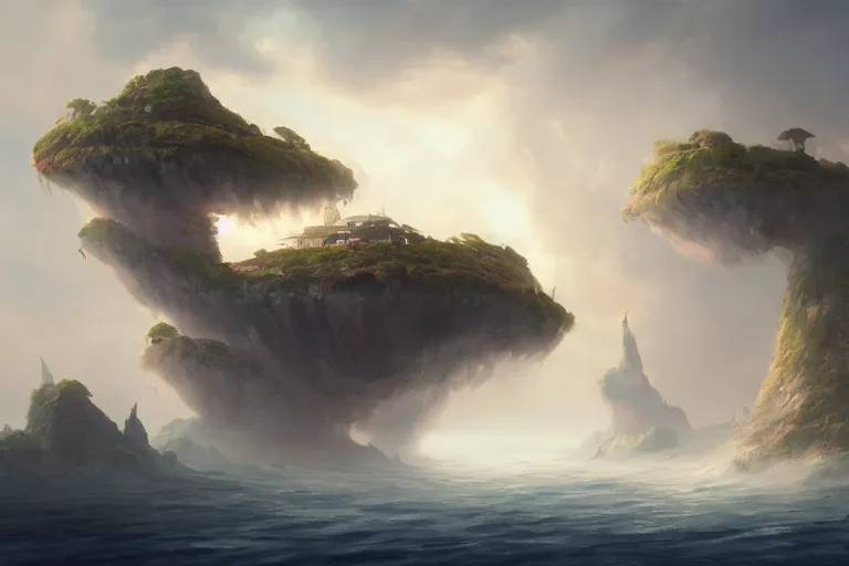 Prompt: an island in the clouds, concept art, highly detailed, artstation, trending, widescreen resolution, feng zhu, shaddy safadi, noah bradley, tyler edlin, jordan grimmer, darek zabrocki, neil blevins, tuomas korpi