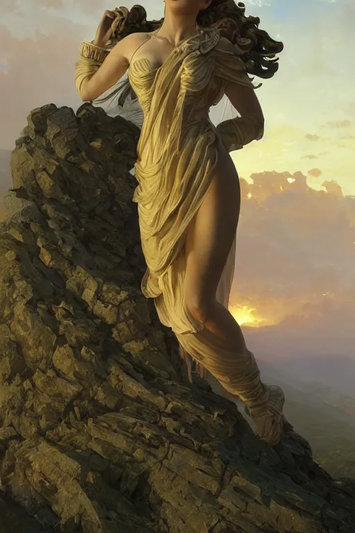 Image similar to an ultradetailed colossal magnificent mountain sized sculpture of an elegant woman, fine detail, sunrise on the horizon in the background, stone hand raised up, 8 k, art by greg rutkowski and alphonse mucha and andreas rocha and albert bierstadt