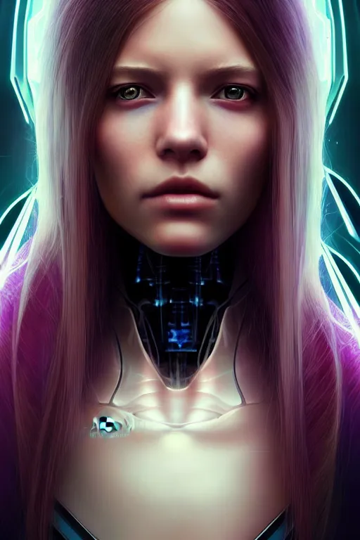 Image similar to a portrait of a beautiful 28th century super cool post-human female very young with long hair, barely human and largely biomechanical cyberpunk, hyper-realistic, very detailed unreal engine, by Artgerm, WLOP and Ross Thran, dramatic cinematic lighting rendered by octane, 8k, detailed, trending on artstation, deviantart google images, pinterest