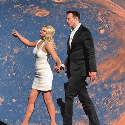 Image similar to elon musk and margot robbie holding hands on mars, highly detailed, hyper realistic