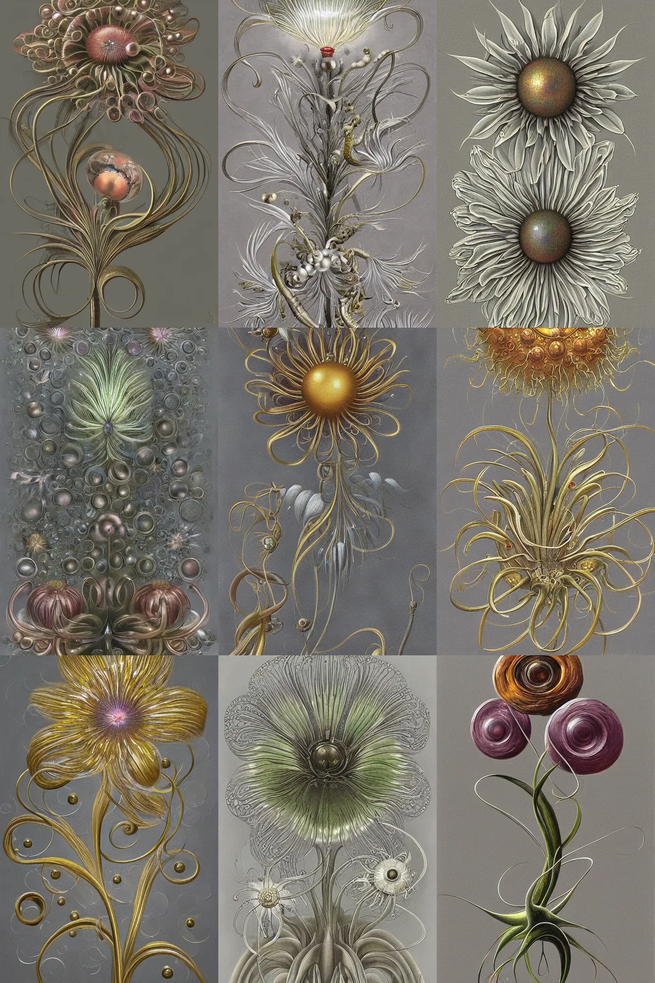 Prompt: a painting of a metallic flower on a gray background, an airbrush painting by Earnst Haeckel, trending on zbrush central, cloisonnism, high detail, detailed painting, biomorphic, bubbles, exotic, xenobiology.