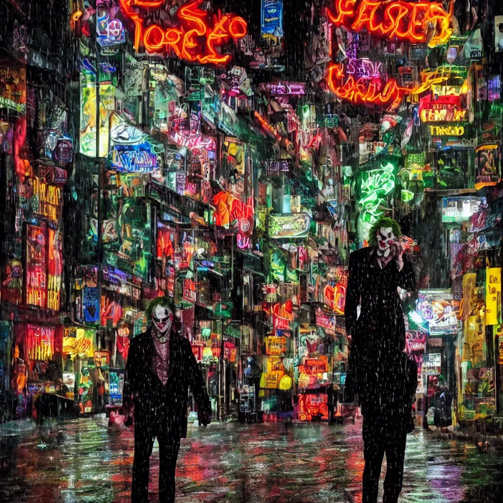 Image similar to flash photography of the joker on the lower east side by annie leibovitz, colorful!!, nighttime!, raining!