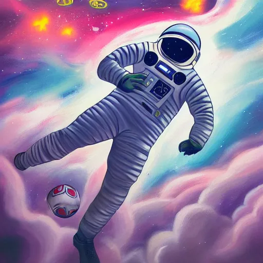 Image similar to a painting of an astronaut playing soccer in a cosmic scenic environment, soccer ball, beautiful, hyperdetailed, comic book style, trending on Artstation