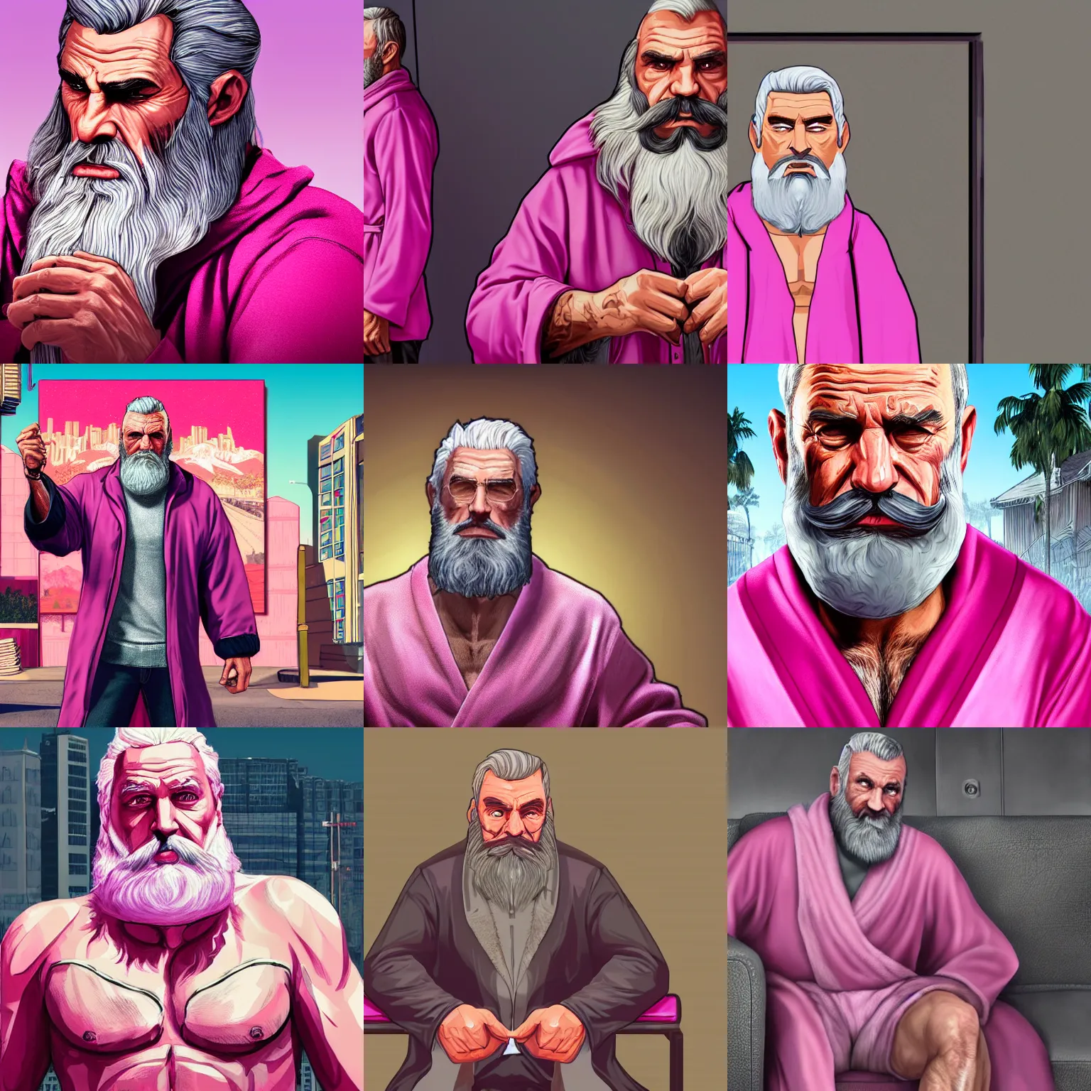 Prompt: an old muscular man, grey hair, long beard, wearing pink robes, gta 5 loading screen, art by stephen bliss, no text