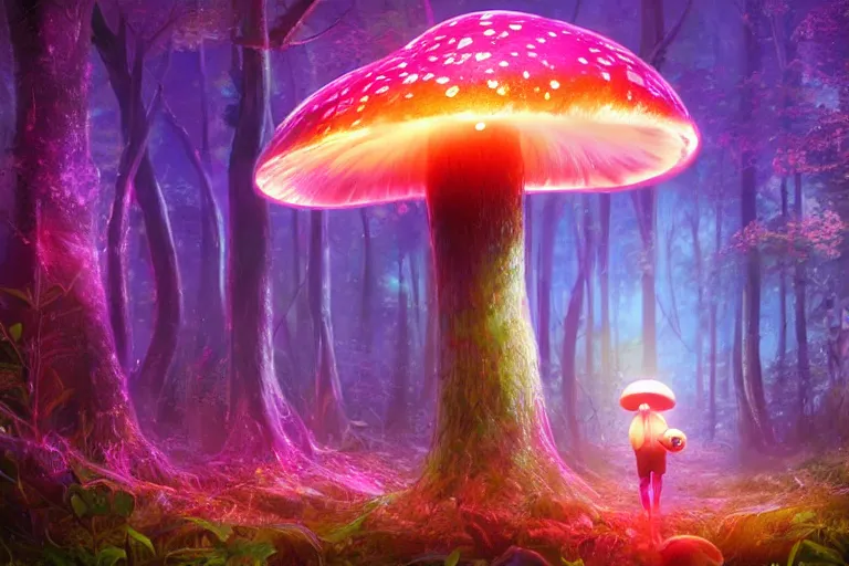 Prompt: a glowing mushroom in a magical forest, cyberpunk vapor wave glitch wave art, 4 k digital illustration by artgerm, wlop, andrei riabovitchev, marc simonetti, yoshitaka amano, artstation, 8 k resolution, soft focus