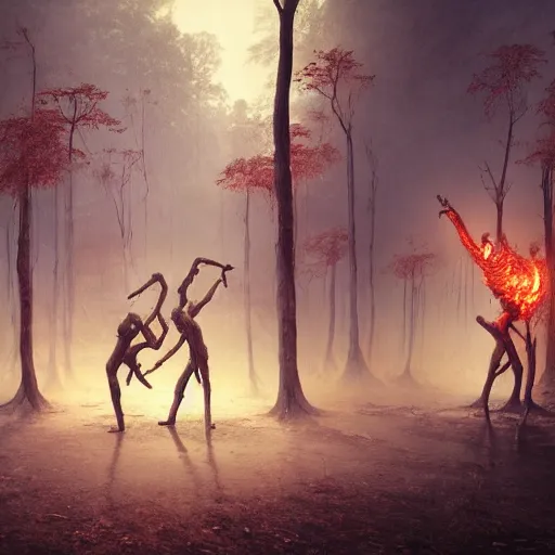 Prompt: two demons dance ballet in hell with ethernet cables wrapped around their arms, trees burning in the background,, beksinski, dariusz zawadzki, very coherent symmetrical artwork. cinematic, hyper realism, high detail, octane render, 8 k