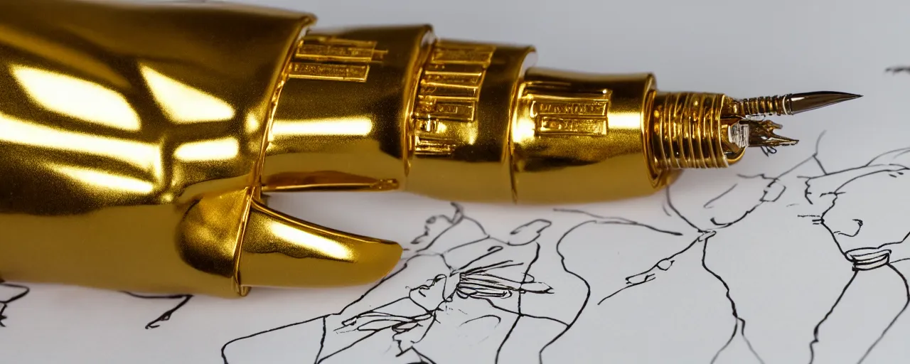 Image similar to a closeup of a gold robot hand holding a fountain pen, hyper realistic