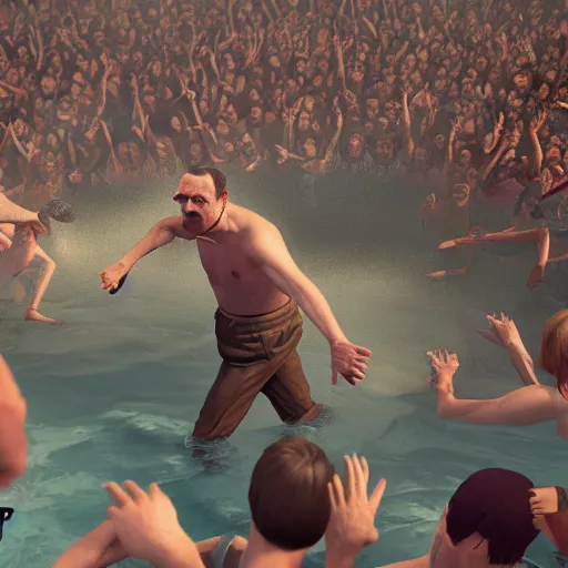 Prompt: hitler in a mosh pit at a water park, volumetric cinematic perfect light, detailed, sony a 7 r, photorealistic, octane render, unreal engine 5, trending on artstation, 8 k