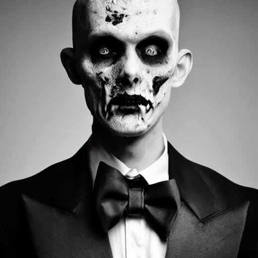 Prompt: a beautiful fashion portrait photograph of a friendly good looking zombie in a tuxedo, studio harcourt, black and white, fashion photography, paolo roversi, richard avedon, chiaroscuro, trending on artstation,