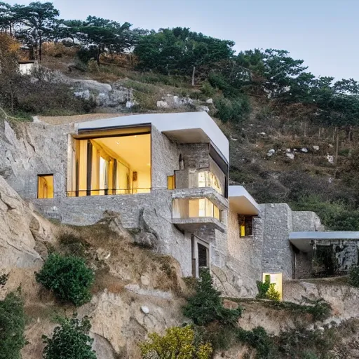 Prompt: contemporary cliffside villa, made of stone and intricate gold details
