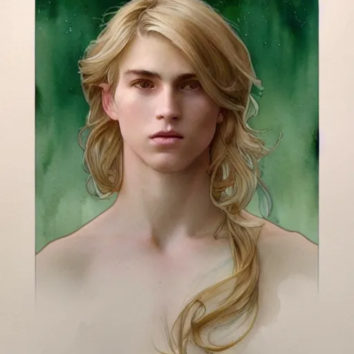 Prompt: teen boy, middle length hair, blonde hair, green eyes, gorgeous, amazing, delicate, feminine, elegant, intricate, highly detailed, watercolor, portrait, artstation, concept art, sharp focus, illustration, art by artgerm and greg rutkowski and alphonse mucha