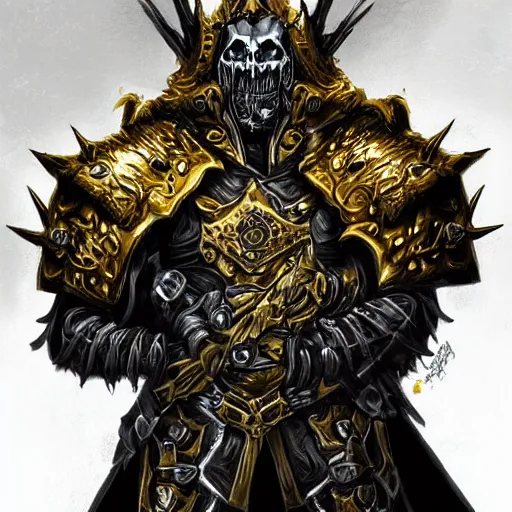 Image similar to lich king wearing black and gold armor with skulls and chains, holding a two handed sword with golden handle, wearing spiky helmet with mask concept art artstation