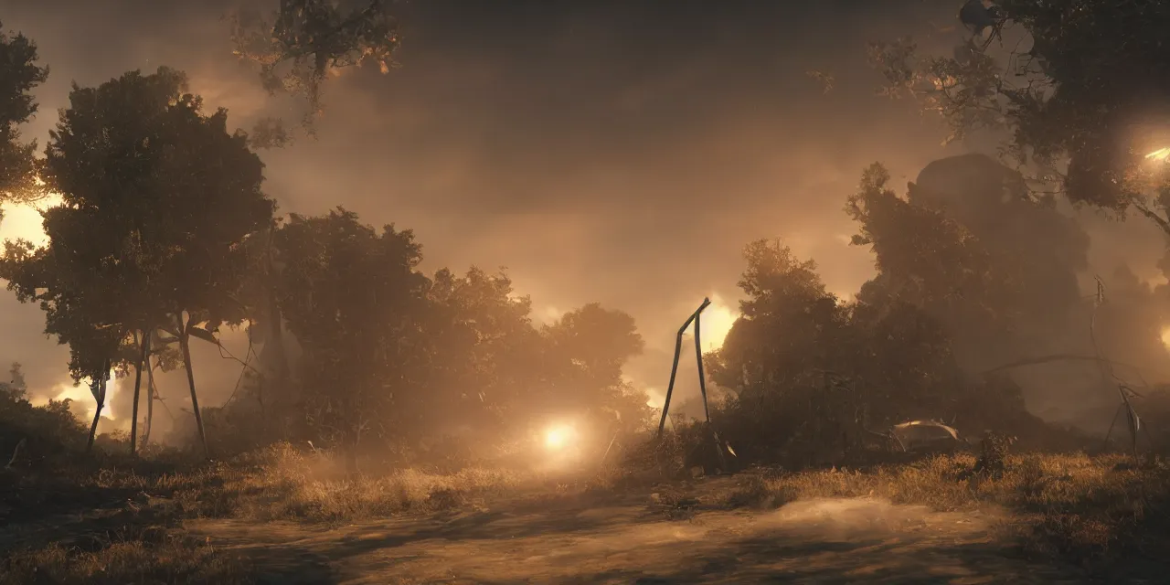 Image similar to war of the worlds, volumetric lighting, cinematic, unreal engine