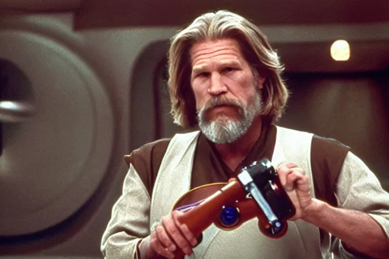 Prompt: Jeff Bridges from The Big Lebowski as a Jedi bowling in Star Wars